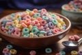 Pastel colored froot loops with small spoon. Delicious fruit cereal rings. Generative AI