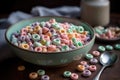 Pastel colored froot loops with small spoon. Delicious fruit cereal rings. Generative AI Royalty Free Stock Photo