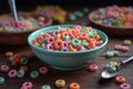 Pastel colored froot loops with small spoon. Delicious fruit cereal rings. Generative AI Royalty Free Stock Photo