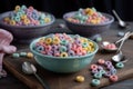 Pastel colored froot loops with small spoon. Delicious fruit cereal rings. Generative AI Royalty Free Stock Photo