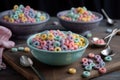 Pastel colored froot loops with small spoon. Delicious fruit cereal rings. Generative AI