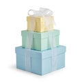 Pastel colored gift boxes stacked with white ribbons isolated on transparent background Royalty Free Stock Photo
