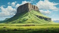 Pastel Painting Of A Majestic Butte On A Green Lawn