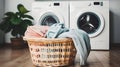 Pastel-Colored Interior Creates a Tranquil Ambiance for Washing Machine and Basket. Generative AI