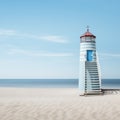 Pastel colored lighthouse with blue door and red roof, on empty sand beach by the sea. Calm coastal landscape. Generative AI Royalty Free Stock Photo