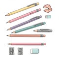 Pastel Colored Pencils Pens and Sharpeners on White Background Royalty Free Stock Photo