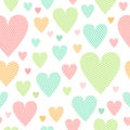 Pastel colored pink blue green and yellow simple cute striped hearts on white seamless pattern, valentine`s day