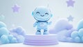 A pastel-colored robot is dancing on top of a white cube set against a celestial backdrop of clouds and stars Royalty Free Stock Photo