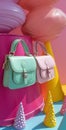 Pastel-colored satchel bags displayed with colorful whimsical cones