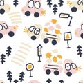 Pastel colored seamless pattern of cars and trucks carrying leaves. Perfect for T-shirt, textile and prints.