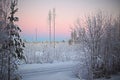 Pastel-colored sky over winterly road in Northern Sweden