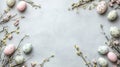 Pastel-colored speckled Easter eggs and delicate flowers arranged in a soft, minimalist border Royalty Free Stock Photo