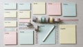 Of pastel colored sticky notes and patterned washi tapes on a light Royalty Free Stock Photo
