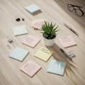 Workspace featuring a variety of pastel colored sticky notes with Royalty Free Stock Photo