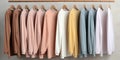 Pastel-colored sweatshirts hang on a hanger