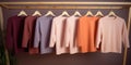 Pastel-colored sweatshirts hang on a hanger