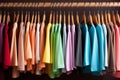 Pastel colored sweatshirts hanging in closet, emitting a fresh and stylish vibe