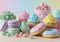 Pastel-colored sweets including macarons, donuts, cupcakes, and popcorn Royalty Free Stock Photo