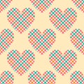 Pastel colored tartan checkered hearts on beige seamless pattern, vector