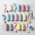 Pastel-colored thread are arranged in neat rows against a light Royalty Free Stock Photo