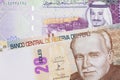 A Peruvian sol note with Saudi Arabian money