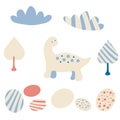 Pastel colored vector set of dinosaur, eggs and clouds. Hand drawn illustration