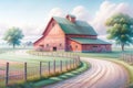 Pastel Colored Watercolor Farming Scene Springtime Barn Country AI Generated Painting