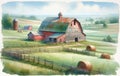 Pastel Colored Watercolor Farming Scene Springtime Barn Country AI Generated Painting Royalty Free Stock Photo