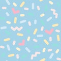 Pastel colorfull seamless pattern of hearts, dots, zig-zags,rounded sticks in vector