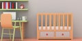 Pastel colors child room. Baby crib, student desk, chair and shelves. 3d illustration Royalty Free Stock Photo