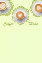 Pastel colors coffee menu with three white porcelain cappuccino cups on green napkins in vintage style. Hearts latte art. Royalty Free Stock Photo