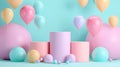 pastel colors cylinder product podium with balloons on sky blue background Royalty Free Stock Photo