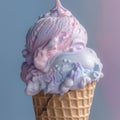 Pastel colors ice cream cone on pastel pink and blue background. Created with generative AI technology. Royalty Free Stock Photo