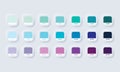 Pastel colour palette. Vector. Catalog samples blue and purple in RGB HEX. Color Catalog. Neumorphic UI UX white user interface