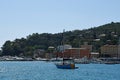 Pastel-coloured buildings and Blue Sea in Santa Margherita Ligure, Genoa, Italy.