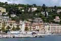 Pastel-coloured buildings in Santa Margherita Ligure, Genoa, Italy.