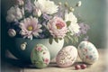 Pastel coloured Easter eggs and flowers. Royalty Free Stock Photo