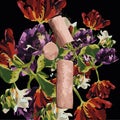 Pastel crayon, broken and painterly on a colorful bright background of flowers on black