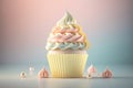 Pastel Cream Cupcake with Raspberry. Sweet Dessert Baked Food, Generative AI