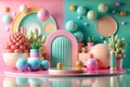Pastel 3D display with plants, orbs, and archway Royalty Free Stock Photo
