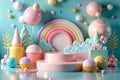 Pastel 3D display podium with rainbow, trees, and bubbles Royalty Free Stock Photo