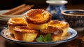 Pastel de Nata, Portuguese custard tarts, on a ceramic plate