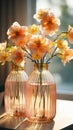 Pastel delicate flowers in elegant transparent glass carafes on windowsill in warm afternoon light