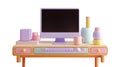 Pastel desk setup featuring computer and desk accessories for a cozy workspace. white background Royalty Free Stock Photo