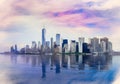 Pastel digital paiting of panorama of Manhattan with calm water