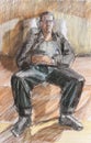 Pastel drawing of sitting relaxed young man abstract contemporary