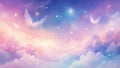 Pastel dreamscape ethereal feathers drifting through a serene night sky adorned with sparkling stars and soft clouds. Generative