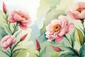 pastel dreamy flowers in pink, yellow with green leaves background. botanical nature art painting. elegant and vibrant Royalty Free Stock Photo