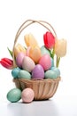 Pastel Easter basket with eggs and a tulip, creating a soft and cheerful vibe Royalty Free Stock Photo