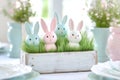Pastel Easter Bunny Decorations in Wooden Box with Grass on White Spring Background.. Royalty Free Stock Photo